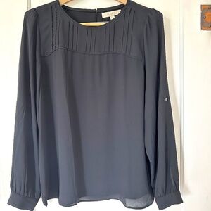 LOFT Navy Blue Pleated Neck Detail Long Sleeve Peasant Tunic Blouse Size Large